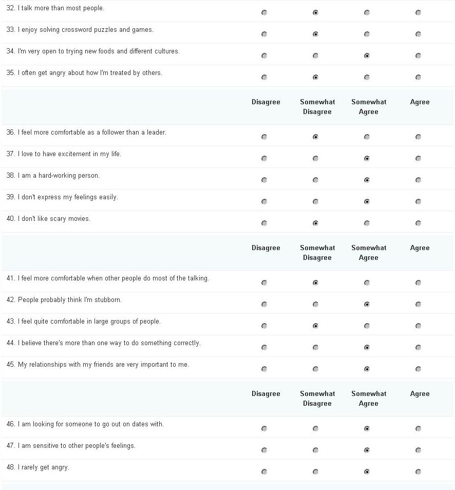 Matchmaking questionnaire - Detailed questionnaire for your site